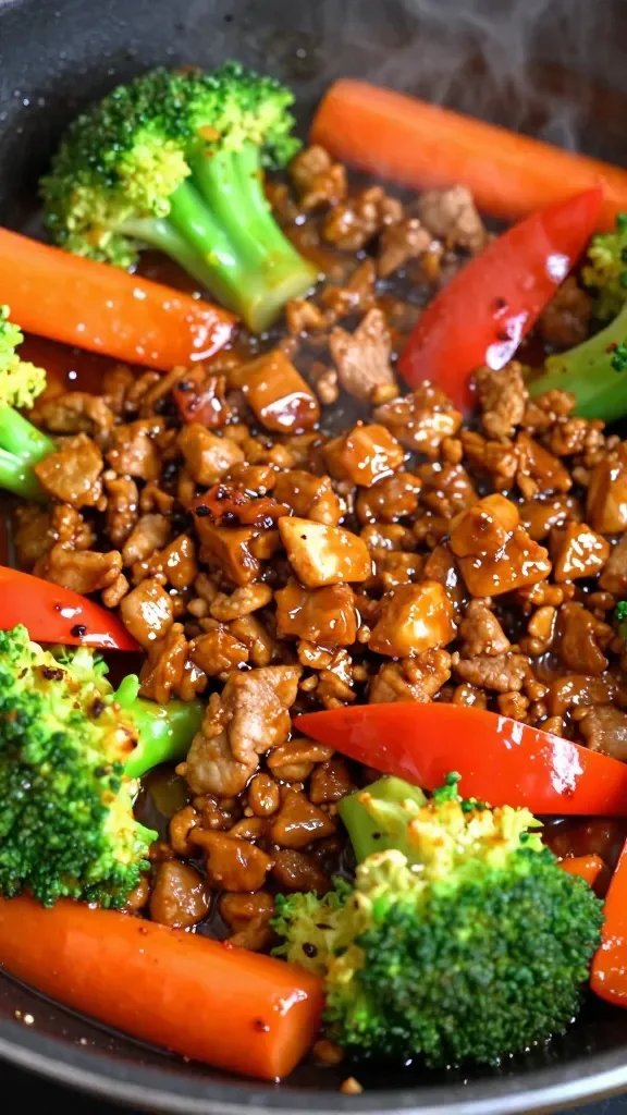 Skillet action close-up: sizzling ground pork crumbles coated in a sticky sweet chili glaze, mingling with vivid broccoli florets, red bell pepper strips, and carrot matchsticks; slight steam rising, caramelized bits on the pan, glossy sauce clinging to each piece; side-lit for shine and texture, high-resolution macro detail, no additional ingredients, no text.
