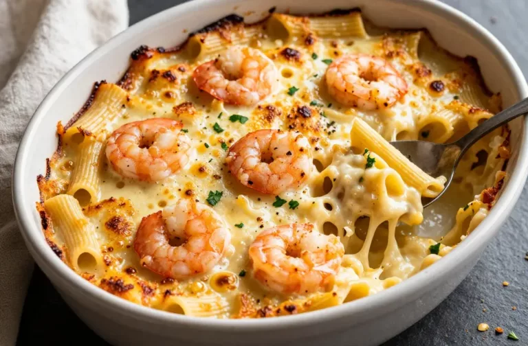 Creamy Garlic Shrimp Pasta Bake with Crispy Cheese Top
