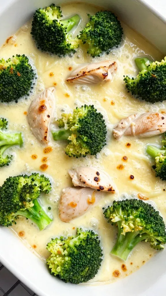 Overhead close-up of the baking dish just out of the oven: creamy garlic sauce gently bubbling around evenly distributed chicken pieces and broccoli florets, a thin blanket of melted cheese with subtle caramelization; minimal props (oven mitt edge, cooling rack), true-to-color greens and creamy whites, no visible spices, herbs, or extra ingredients.