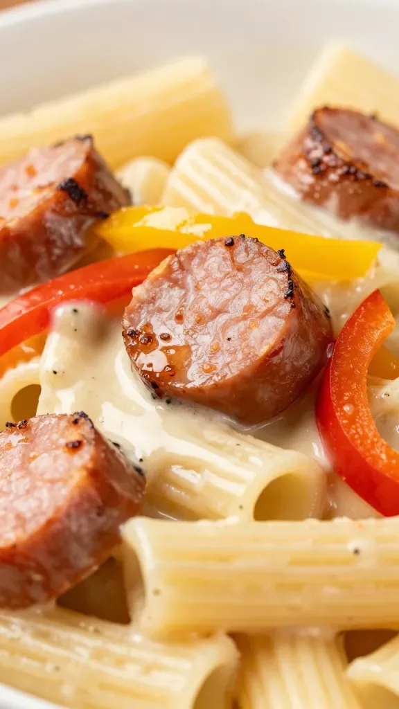 Extreme close-up of creamy pasta with sliced browned Italian sausage and sautéed red and yellow bell pepper strips in a silky cream sauce, sauce clinging to ridged rigatoni, light steam rising, glossy finish, no garnishes, neutral warm background, soft natural side lighting, shallow depth of field, high-resolution food photography.
