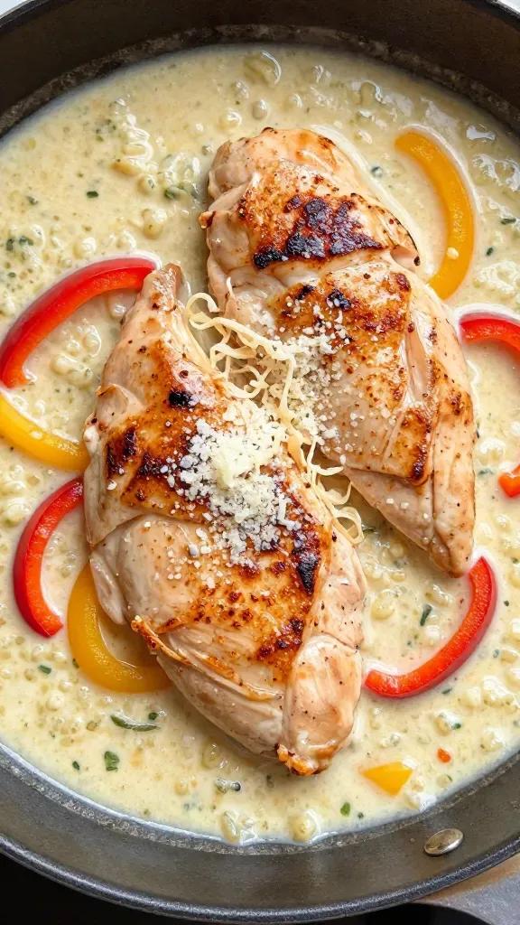 Ultra-closeup overhead shot of tender pan-seared chicken cutlets nestled in a creamy garlic-Parmesan sauce with visible minced garlic and finely grated Parmesan melting into the sauce, flecks of sweet red and yellow bell pepper strips throughout, a light dusting of paprika on the chicken, gentle gloss from heavy cream, served in a single well-seasoned skillet, warm neutral lighting, shallow depth of field, no extra ingredients or garnishes.