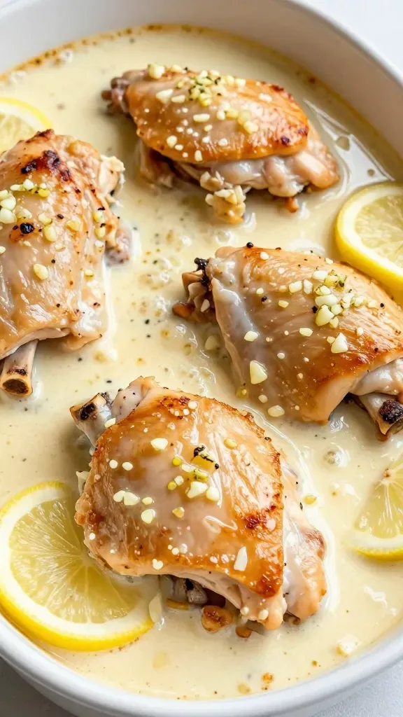 Ultra-closeup of a creamy lemon garlic chicken bake fresh from the oven: golden-browned boneless chicken thighs nestled in a silky, off-white cream sauce with visible minced garlic and fine lemon zest, thin lemon slices tucked around the chicken, slight bubbling at the edges of the sauce, glossy sheen, no garnish, no sides, shot in natural light in a simple white ceramic baking dish on a neutral background.