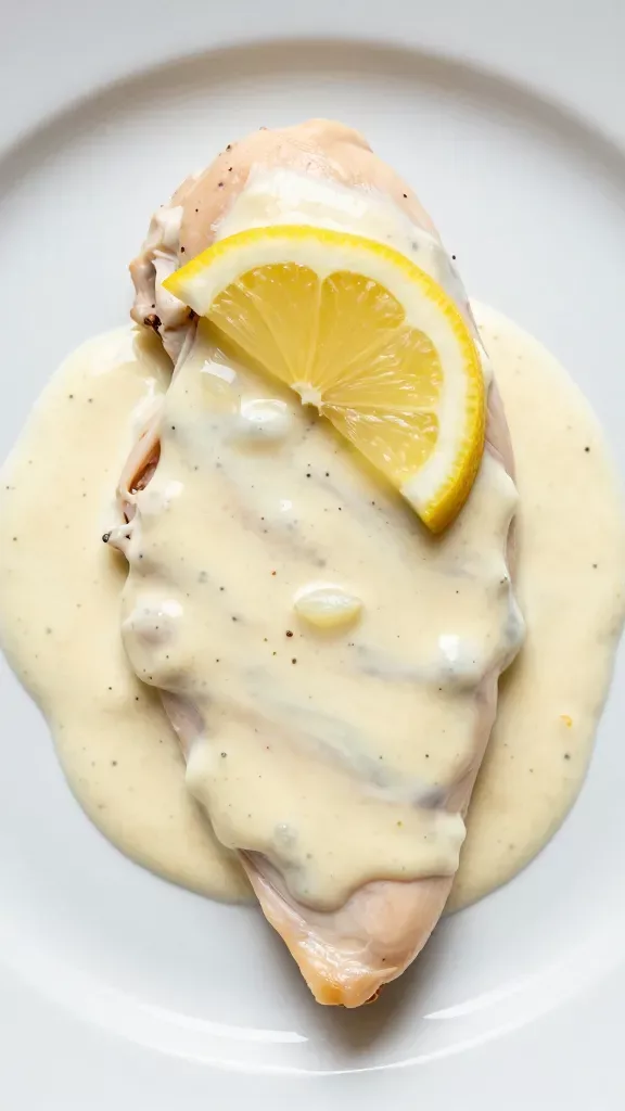 Overhead macro shot of a single chicken breast piece spooned with thick, velvety lemon-garlic cream sauce: visible micro-bubbles and streaks of melted fond, small specks of black pepper, a few translucent softened garlic bits, and one thin half-moon lemon slice on top, no herbs, no extra ingredients, placed on a plain white plate with minimal shadows.