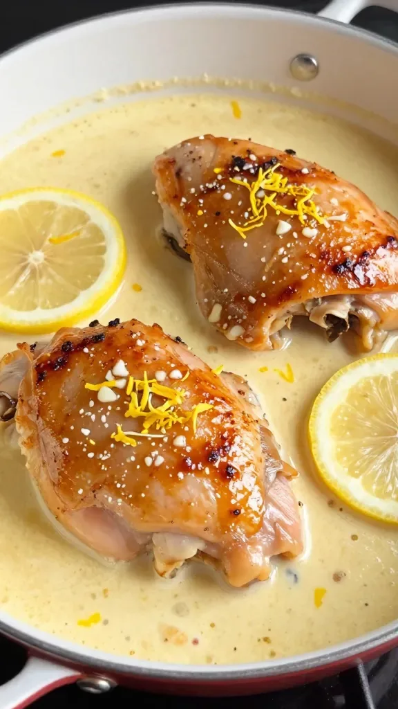 Three-quarter angle close shot inside a small enamel baking pan: two skinless chicken thighs bathed in rich creamy lemon-garlic sauce, light golden caramelization on top, scattered tiny garlic pieces, delicate ribbons of lemon zest on the surface of the sauce, one or two thin lemon rounds partially submerged, no greens, no sides, warm indoor lighting emphasizing texture and gloss.
