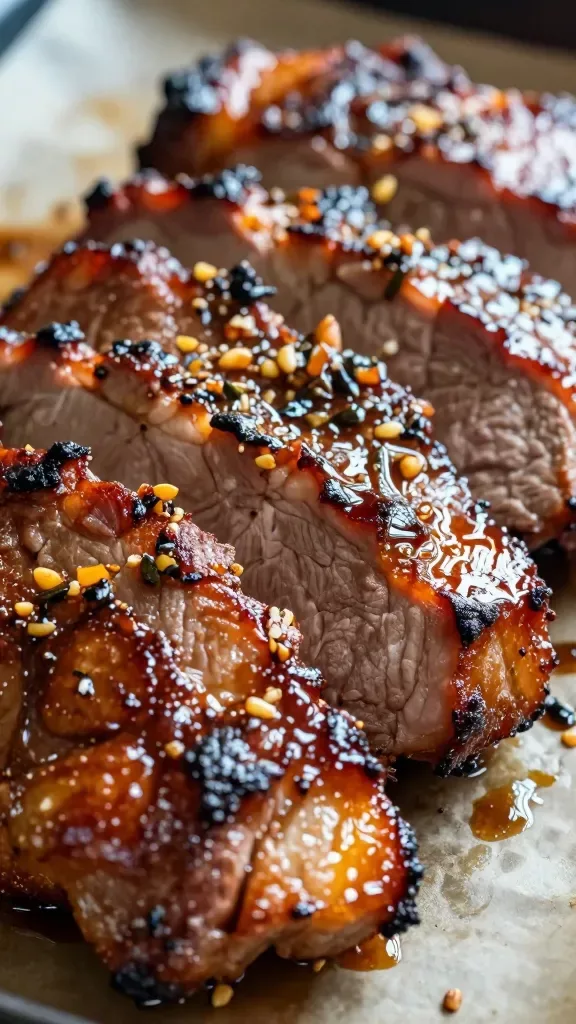 Extreme close-up of juicy balsamic-glazed pork tenderloin slices on a sheet pan, glossy dark brown glaze clinging to the pork, visible flecks of minced garlic and dried herbs, light caramelization on the edges, no garnish, shallow depth of field with warm, natural oven lighting