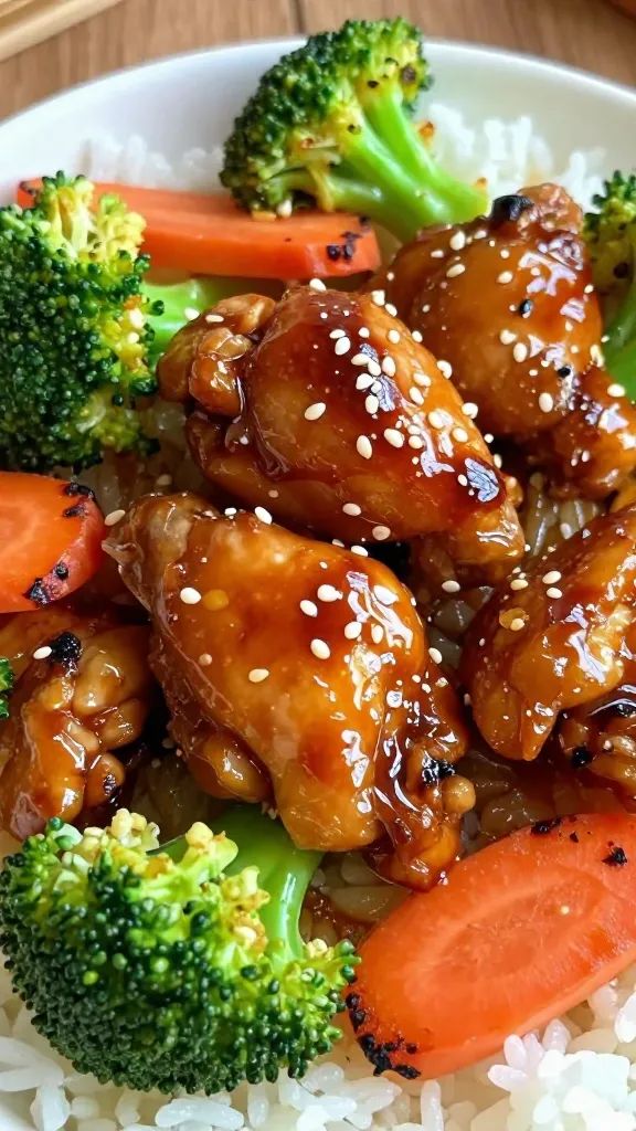 Extreme close-up of juicy bite-sized chicken thigh pieces glazed in a glossy sweet soy sauce, nestled with tender-crisp broccoli florets and thin carrot slices, lightly charred edges from a hot wok sear, sesame oil sheen, tiny minced garlic visible in the sauce, served over a small bed of steamed white rice in the background, shallow depth of field, warm natural kitchen light, no extra garnishes or ingredients.