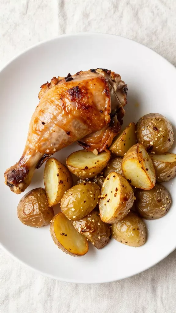 Overhead shot of a single dinner plate holding one roasted bone-in chicken thigh and a tidy pile of garlicky roasted potato wedges. Chicken skin is taut, glossy, and crisp with rendered fat; potatoes show browned edges and specks of roasted minced garlic. Light sheen of pan juices pooling slightly under both. Simple white plate on a matte linen, soft daylight, no herbs, no sauce, no added vegetables.