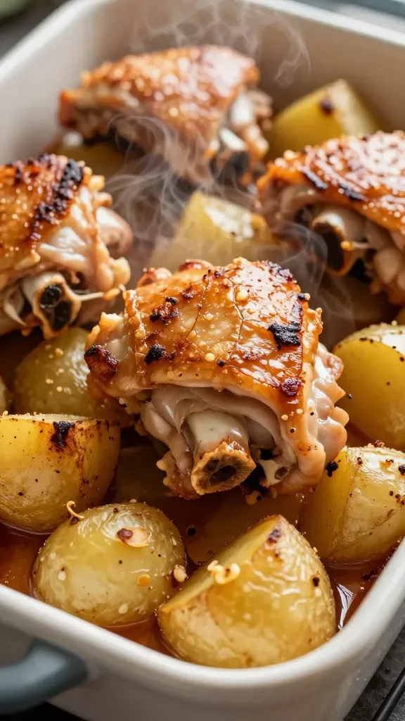 Macro side-angle of a baking dish straight from the oven: several bone-in chicken thighs on top of evenly sized potato chunks. Steam visible, chicken skin crackled and amber, potatoes deeply roasted with browned faces and visible roasted garlic bits. A few glistening pan juices collect at the bottom, lightly basting the potatoes. Warm kitchen lighting, shallow focus on textures, no garnishes or additional ingredients.