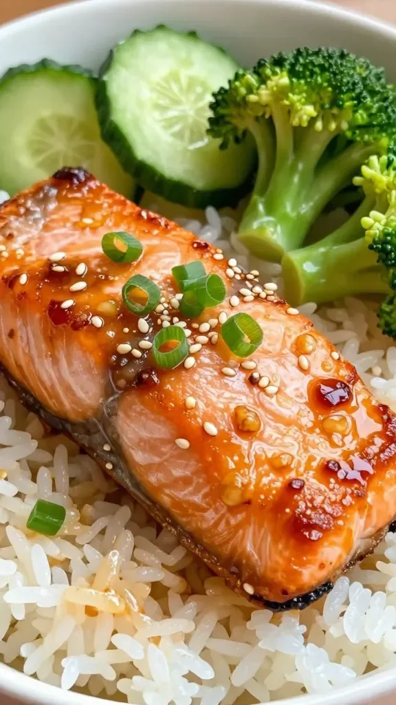 Extreme close-up of glossy, caramelized salmon fillets in a bowl over steamed white rice, coated in a sticky honey-garlic-soy glaze with visible garlic bits and sesame seeds, garnished with thinly sliced scallions; a few crisp cucumber slices and lightly sautéed broccoli florets on the side; warm, soft natural light, shallow depth of field, high detail, no text, no extra ingredients.