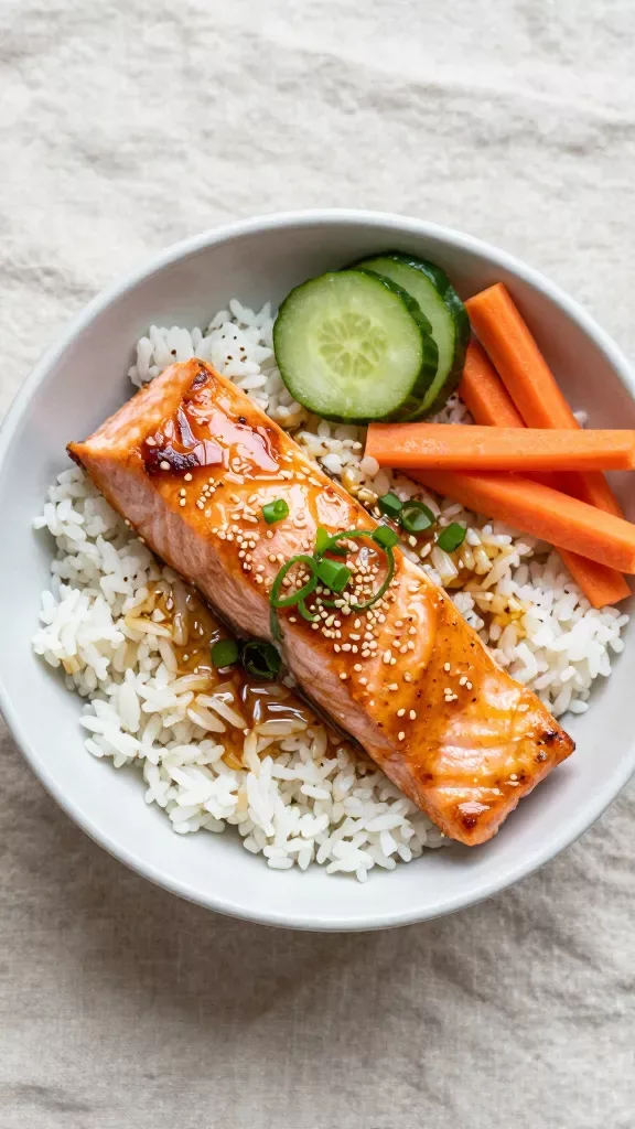 Overhead shot of a single-serving salmon bowl: tender, flaked honey-garlic glazed salmon pieces arranged on fluffy jasmine rice, glaze pooling slightly with a lacquered sheen; thinly sliced scallions and toasted sesame seeds sprinkled on top; a small side of quick-pickled cucumbers and carrot matchsticks for crunch; clean ceramic bowl on a neutral linen, soft diffused daylight, no text, no extra elements.