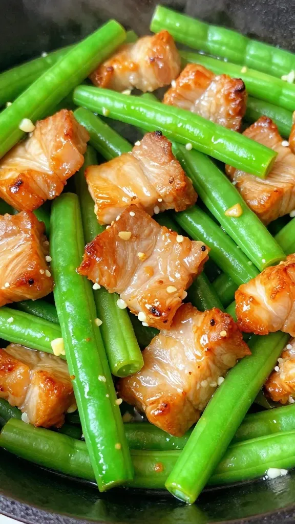 Extreme close-up of golden-seared pork bite-sized pieces and vibrant snappy green beans in a glossy garlic butter sauce, visible minced garlic and melted butter pooling lightly, slight steam, cast-iron skillet, warm natural light, shallow depth of field, no other ingredients, no garnish, no text.