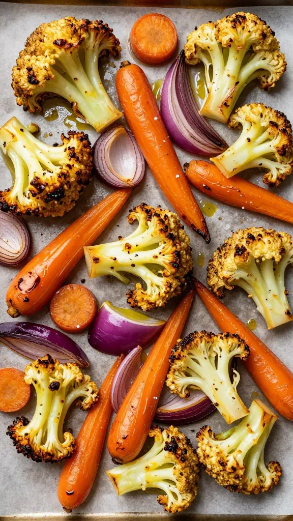 Overhead close-up of caramelized roasted vegetables on a sheet pan: golden-edged broccoli florets, tender carrot coins, and red onion wedges, lightly glossed with olive oil, speckled with salt and pepper, edges browned, no other vegetables or toppings, neutral background, high-contrast natural light to emphasize the roasted texture.
