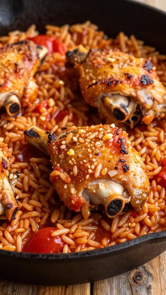 Extreme close-up of a one-pan baked dish: golden, crispy-skinned bone-in chicken thighs nestled on top of glossy tomato rice. Individual rice grains are visible, plump and slightly saucy with a deep red-orange tomato hue, flecks of softened garlic and a light sheen from chicken drippings. The pan is a dark, well-used cast-iron skillet on a rustic wood surface, warm natural side lighting, shallow depth of field, no extra ingredients or garnishes.