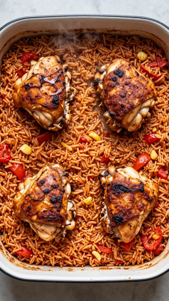 Overhead shot of a baking dish just out of the oven: four browned, crackly-skinned chicken thighs arranged evenly over a bed of tomato-infused rice. The rice is evenly cooked, slightly caramelized at the edges, with visible bits of garlic and a subtle stocky gloss. Steam is faintly rising, edges of the enamel pan slightly browned, neutral kitchen backdrop, soft daylight, no herbs, no vegetables other than tomato in the rice.