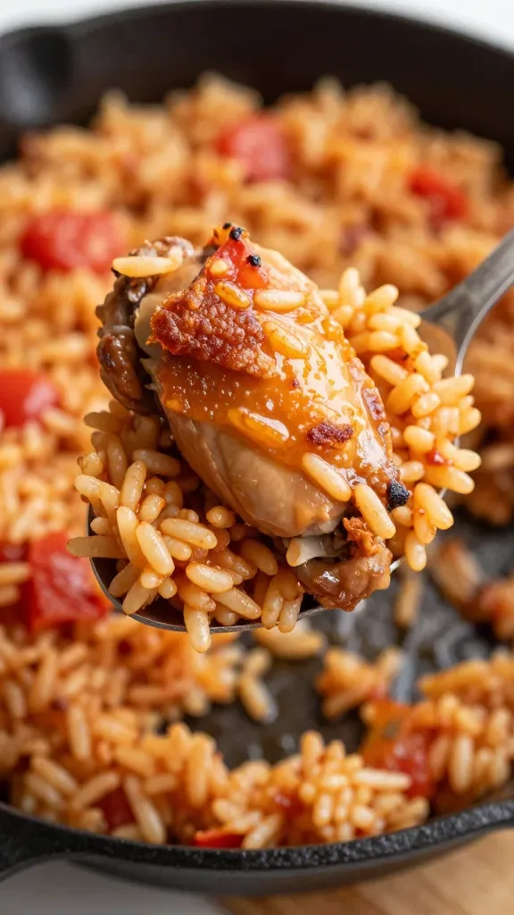Macro detail of a serving spoon lifting a portion: a juicy chicken thigh with crisp, rendered skin resting on spooned tomato rice. The rice shows separate, tender grains coated in tomato-garlic sauce, slight chicken jus pooling, no visible garnishes. Background shows the remaining one-pan bake softly blurred in a cast-iron skillet, warm, cozy lighting, natural color accuracy, no additional ingredients.