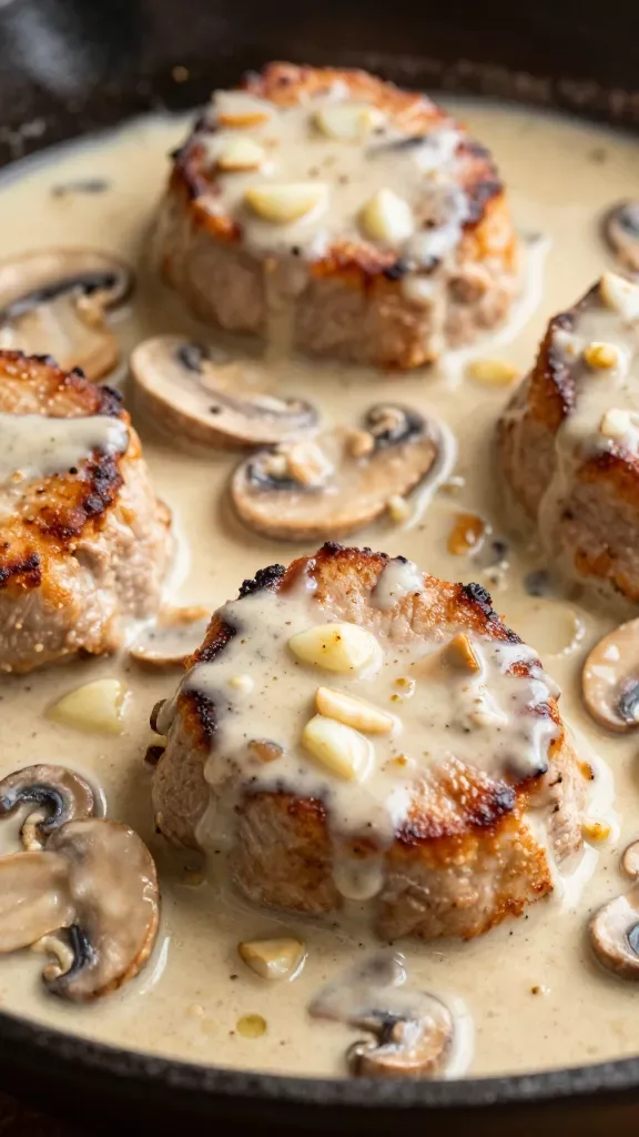 Extreme close-up of pan-seared pork medallions smothered in a silky creamy garlic-mushroom sauce, golden-brown crust on the pork, sliced cremini mushrooms and visible bits of sautéed garlic in the sauce, light cream sheen with gentle pan drippings, warm indoor kitchen lighting, shallow depth of field, shot from a 45-degree angle in a dark cast-iron skillet, no garnishes, no sides, no extra ingredients.