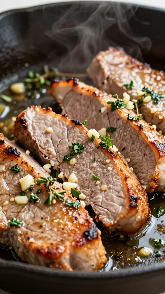 Extreme close-up of sliced pork tenderloin medallions in a black cast-iron skillet, golden-brown sear on the edges, glistening in a glossy garlic-herb butter sauce. Visible bits of minced garlic, finely chopped fresh parsley and thyme, and melted butter pooling around the slices. Steam rising subtly, natural warm kitchen light, shallow depth of field, no extra ingredients, no text.