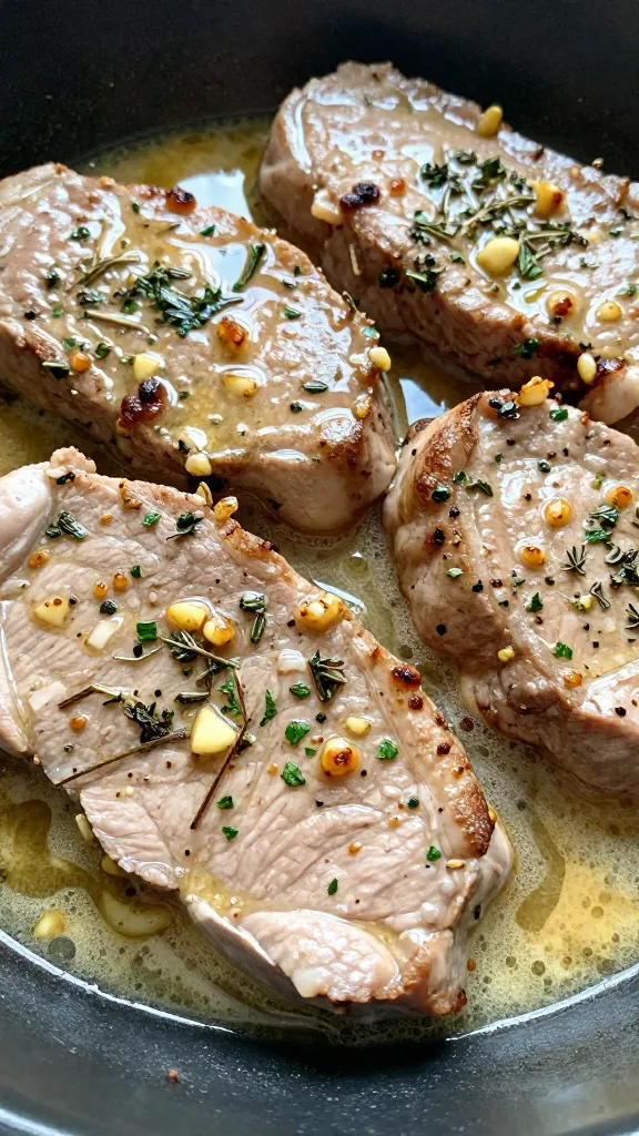 45-degree angle close-up of pork tenderloin medallions nestled in a skillet with a shimmering garlic-butter pan sauce, studded with gently browned garlic bits and finely chopped mixed herbs (parsley, thyme, rosemary). The sauce lightly coats each slice, with small butter bubbles and a light sheen, soft natural window light, intimate framing, no additional ingredients, no text.