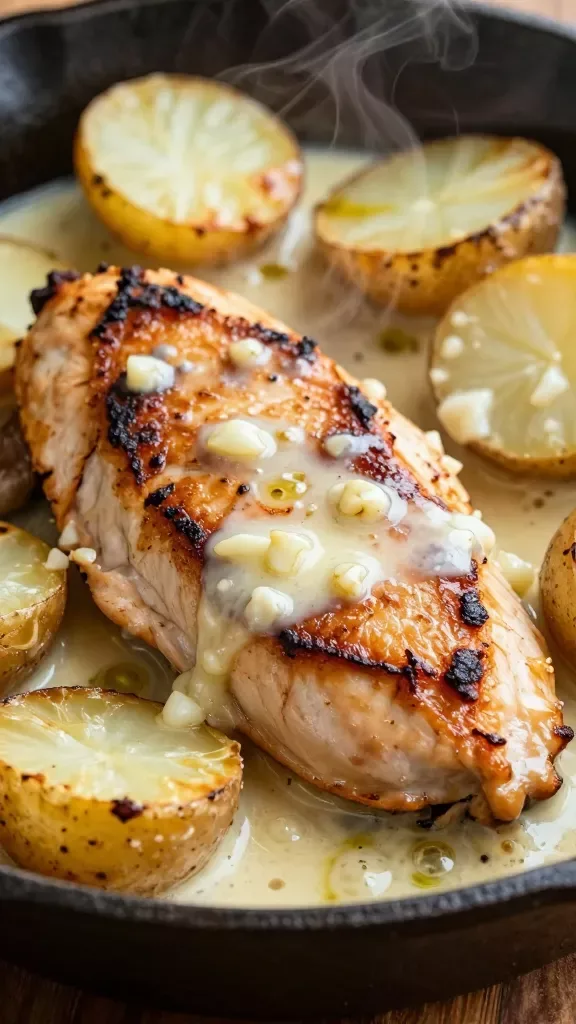 Extreme close-up of pan-seared chicken breasts with a deep golden-brown crust, nestled among halved baby potatoes with lightly blistered, golden edges, all coated in a silky, glossy creamy garlic sauce. Visible flecks of sautéed minced garlic in the sauce, subtle steam rising, a faint sheen of butter and olive oil, and a hint of micro-bubbles clinging to the sauce. Shot in a rustic cast-iron skillet on a dark wood surface, warm natural light from the side, shallow depth of field focusing on the texture of the chicken and sauce. No extra ingredients or garnishes.
