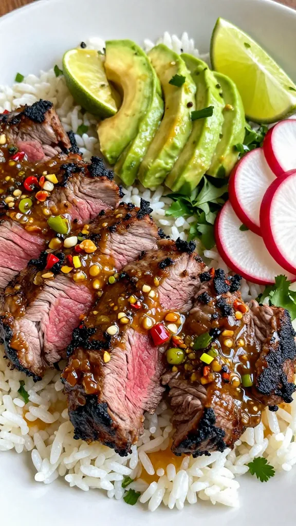Extreme close-up of a Mexican chili-lime steak rice bowl: sliced medium-rare steak with charred edges glazed in chili-lime marinade (visible flecks of red chili, lime zest, and garlic), served over fluffy white rice, topped with diced avocado, thinly sliced radishes, chopped cilantro, and a lime wedge on the side, light drizzle of honey-chili glaze, natural daylight, shallow depth of field, no extra ingredients.