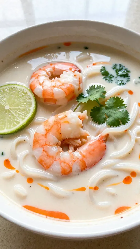 Ultra-closeup of a steaming bowl of Thai coconut shrimp noodle soup: silky, creamy coconut broth with a gentle sheen, tender pink shrimp curled on top, medium-width rice noodles visible beneath the surface, a few thin lime slices and torn cilantro leaves floating, delicate red curry oil swirls on the broth, white ceramic bowl on a neutral stone surface, soft natural window light, shallow depth of field, no extra ingredients beyond shrimp, coconut broth, rice noodles, lime, cilantro.