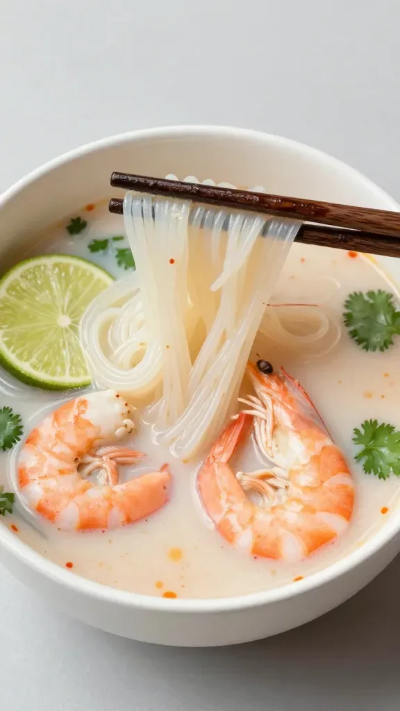 Overhead closeup of chopsticks lifting slippery rice noodles from a pale, milky coconut-lime broth dotted with tiny red curry oil droplets; two plump pink shrimp resting in the bowl, a single lime wedge partly submerged, a scatter of cilantro leaves; minimal styling with a matte white bowl, clean gray background, diffuse daylight for gentle highlights, no additional toppings or vegetables.