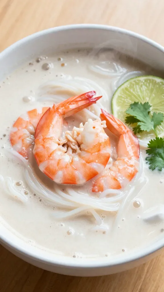 Three-quarter angle hero shot of Thai coconut shrimp noodle soup in a simple white bowl: rich, velvety coconut broth with visible micro-bubbles, bright pink shrimp centered, tangle of rice noodles peeking through, a thin lime wheel and a few cilantro leaves as the only garnish, faint steam rising, placed on a light wooden surface, soft side lighting for appetizing gloss, tightly framed to emphasize shrimp, noodles, and coconut broth only.