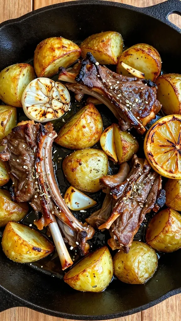 Close-up overhead shot of a black cast-iron skillet filled with Greek roasted lamb and potatoes: golden, crispy-edged potato wedges nestled around juicy, browned lamb pieces with visible sear, lightly glistening with olive oil. Scattered thin slices of roasted garlic and a few charred lemon wedges, a sprinkle of dried oregano, and a light sheen from pan juices. Warm natural light, shallow depth of field, rustic wooden table background. No other ingredients present.