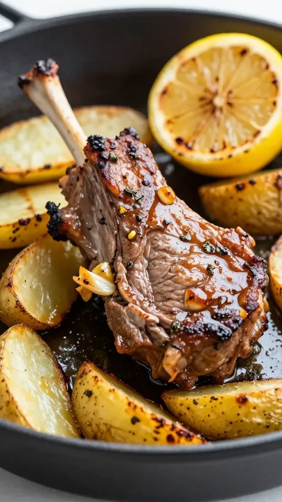 Tight macro side angle of a single serving: a fork-tender chunk of roasted lamb resting against crisp, golden potato wedges in the skillet, edges blistered and interior fluffy. Glossy pan juices pooling slightly, visible flecks of oregano, tiny bits of roasted garlic clinging to the meat, and a squeezed roasted lemon wedge in the background for brightness. Soft, diffused light, high contrast, no extra garnishes.