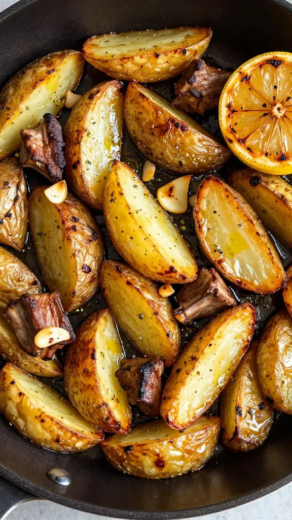 Overhead detail shot focusing on texture: clustered roasted potato wedges with deeply caramelized edges and a few browned lamb cubes peeking through, both lightly coated in olive oil and lemony jus. Specks of dried oregano and thin roasted garlic slices dot the surface, a halved roasted lemon at the edge of the skillet. Neutral backdrop, natural daylight, no herbs, sauces, or additional ingredients beyond lamb, potatoes, lemon, garlic, oregano, and olive oil.