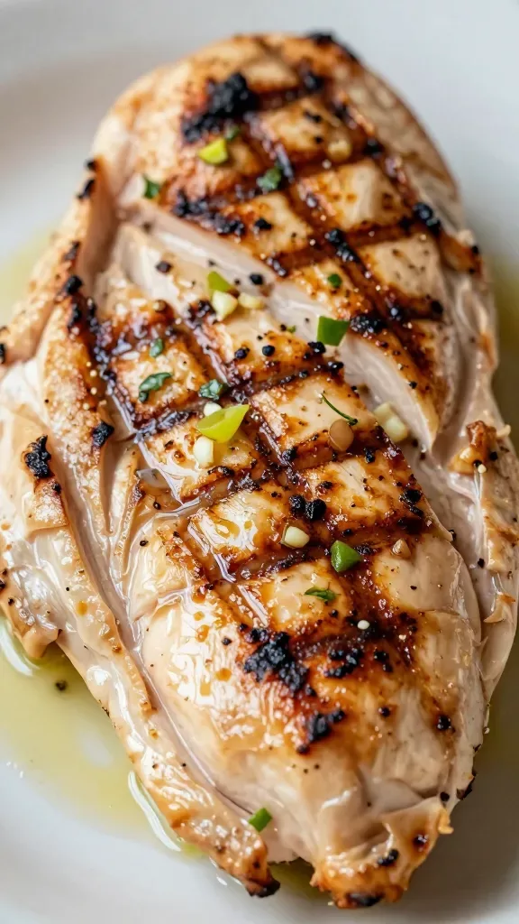 Extreme close-up of juicy grilled chicken breast sliced and fanned on a plate, charred grill marks glistening with lime juice, tiny flecks of lime zest and minced garlic visible on the surface, a light sheen of olive oil, neutral background, natural daylight, shallow depth of field, no extra garnishes or sides