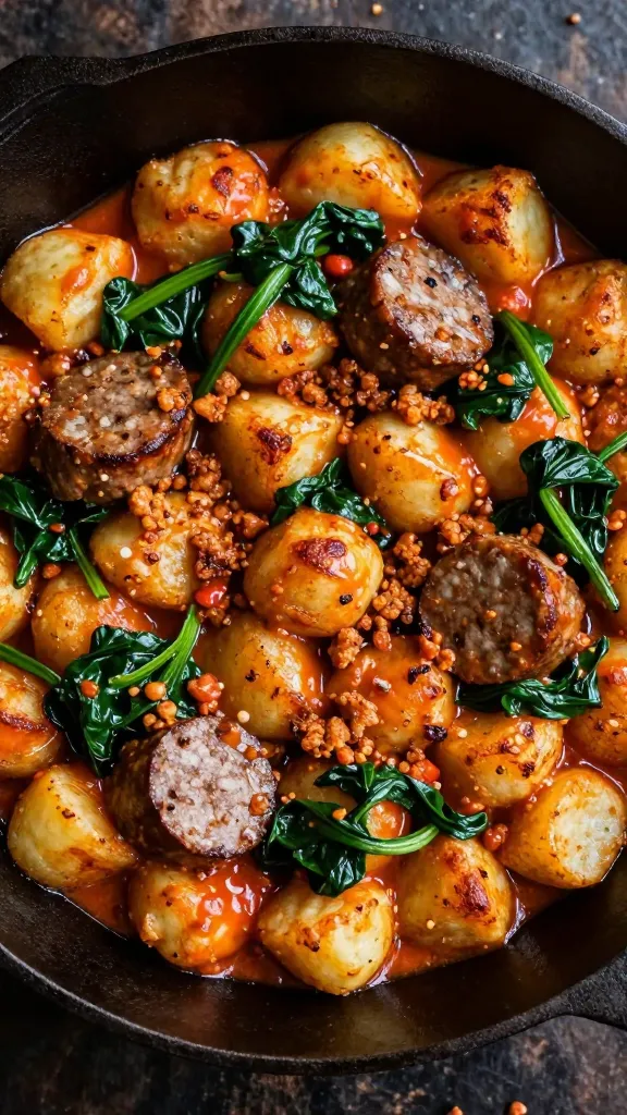 Overhead close-up of a cast-iron skillet filled with golden pan-seared potato gnocchi, browned crumbled Italian sausage, and fresh wilted spinach, all coated in a silky tomato-cream sauce with a glossy sheen; no extra ingredients, no garnish, just gnocchi, sausage, spinach, and the rosy sauce; warm directional light, shallow depth of field, rustic dark background.