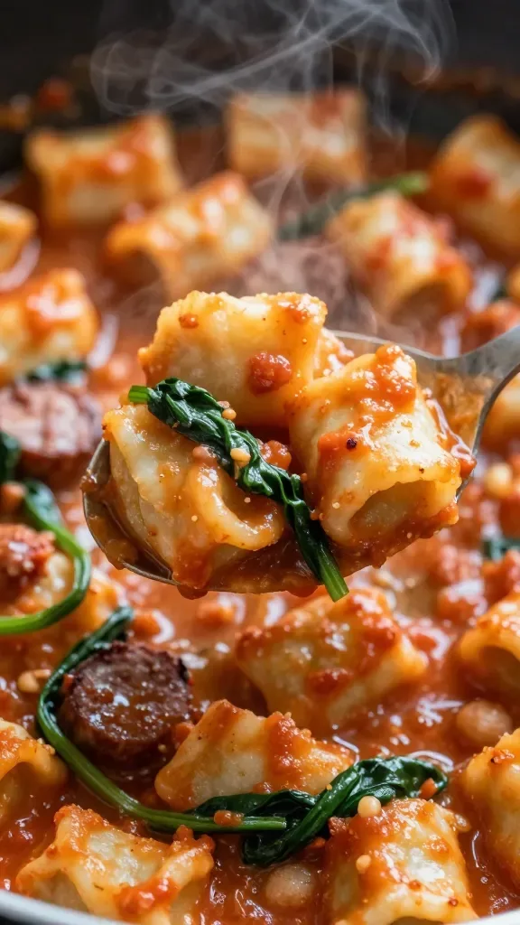Extreme close-up of a spoon scooping gnocchi from the skillet, showing crispy-edged gnocchi pieces clinging to creamy tomato sauce, bits of browned Italian sausage, and ribbons of tender spinach; steam rising subtly; tight framing to exclude any other ingredients; natural light, soft highlights on the sauce.