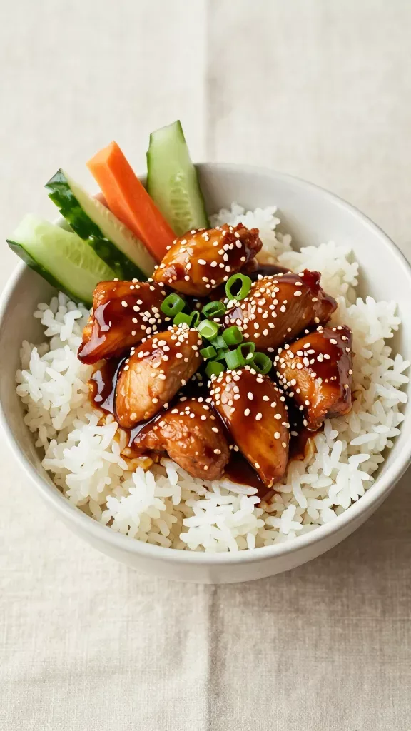 Overhead shot of a neat rice bowl: half filled with fluffy short-grain white rice, half with glazed sesame chicken pieces coated in a rich dark brown sauce, garnished with sesame seeds and finely chopped scallions. Minimal sides limited to thin matchsticks of cucumber and carrot tucked on the edge (no other add-ins). Clean ceramic bowl on a neutral linen, soft diffused lighting, no text.