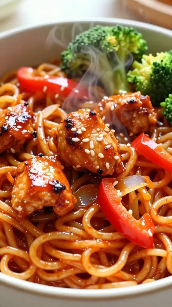 Extreme close-up of Thai sweet chili chicken noodle bowl: glossy rice noodles coated in a clingy red-orange sweet chili sauce, tender bite-sized chicken pieces lightly seared with caramelized edges, thinly sliced red bell pepper strips and crisp broccoli florets, a few translucent sautéed onions, light sesame sheen, steam rising, shot in natural window light on a neutral ceramic bowl, shallow depth of field to emphasize saucy noodles and chicken, no extra garnishes, no text.