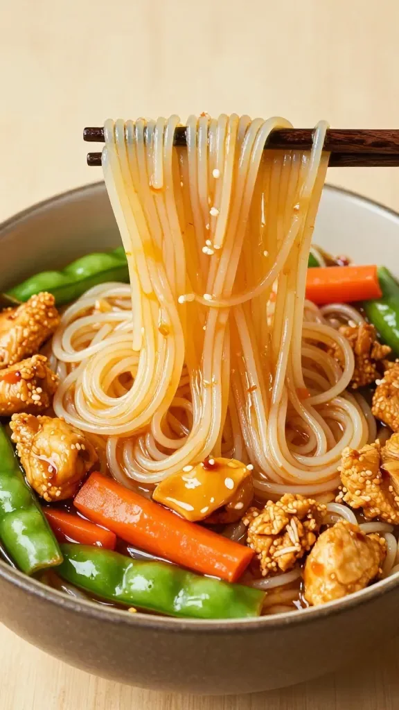 Overhead close-up of chopsticks lifting bouncy rice noodles from a bowl of Thai sweet chili chicken noodles: strands glistening with sticky sweet-heat sauce, small chunks of juicy golden-brown chicken, matchstick carrots and snap peas adding crisp texture, a light sauce puddle at the bottom, matte stoneware bowl on a minimal wooden surface, soft diffused lighting, vibrant but realistic colors, no additional herbs or toppings, no text.