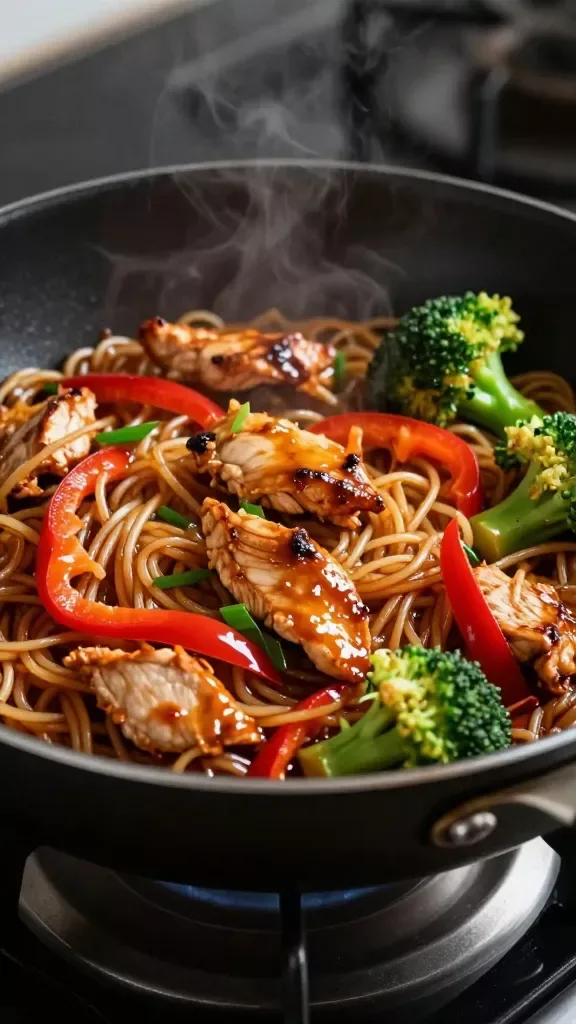 Three-quarter angle macro shot of a one-pan Thai sweet chili chicken noodle skillet: saucy rice noodles intertwined with seared chicken slices, bright red bell pepper strips, broccoli florets, and a few sautéed scallion pieces, the sweet chili glaze visibly clinging and pooling lightly, light steam, black nonstick skillet on a stovetop, moody directional light highlighting gloss and texture, clean scene with no extra ingredients, no text.