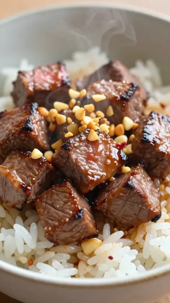 Extreme close-up of a Japanese garlic butter steak rice bowl: bite-sized medium-rare steak cubes with a glossy soy-butter glaze, visible sear and caramelized edges, scattered golden garlic chips on top, served over steaming short-grain white rice with individual glossy grains, subtle steam rising, neutral ceramic bowl, soft natural light, shallow depth of field, no extra ingredients or garnishes.
