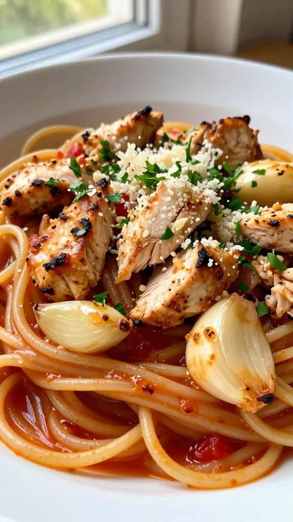 Extreme close-up of a shallow white bowl of Italian roasted garlic chicken pasta: al dente spaghetti coated in a glossy roasted-garlic pan sauce with a light tomato sheen, topped with bite-sized seared chicken breast pieces (golden edges, juicy interior). Visible whole cloves of roasted garlic squeezed from their skins, lightly smashed and glistening in the sauce. A light sprinkle of finely chopped flat-leaf parsley and a dusting of micro-grated Parmesan, no other vegetables or garnishes. Warm, natural window light, soft focus background, high detail, 50mm macro food photography.