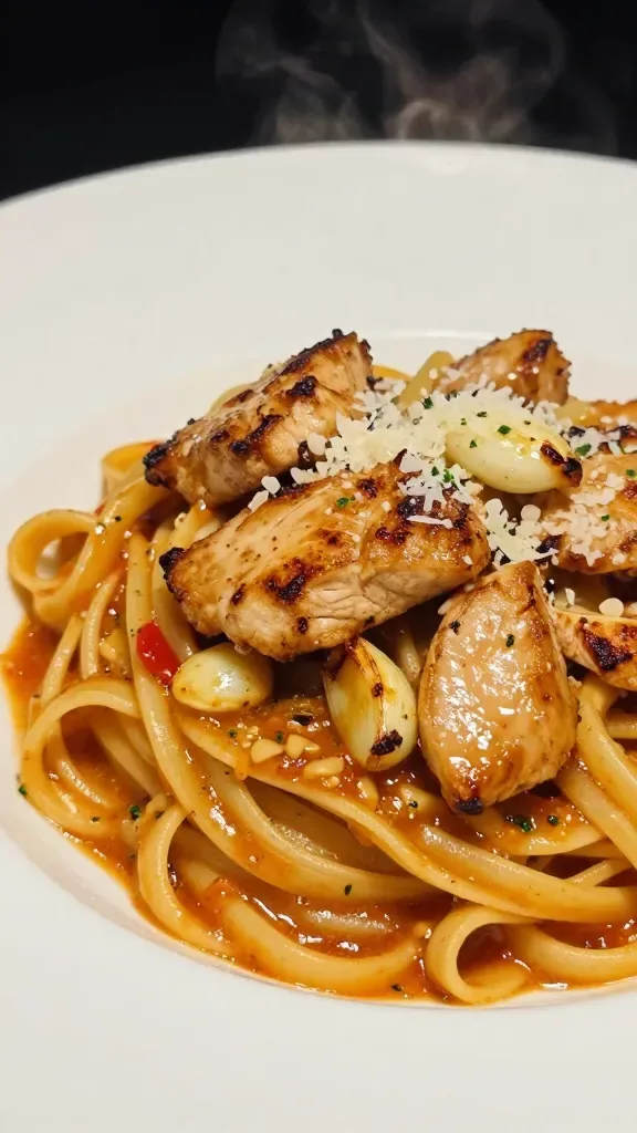 Three-quarter angle close-up of a single plated serving: tagliatelle coated in a buttery roasted-garlic sauce with subtle tomato undertone, topped with thick-cut sautéed chicken medallions, glossy and lightly browned. Roasted garlic cloves visible and gently crushed into the sauce, faint flecks of parsley, a whisper of finely grated Parmesan melting on contact. No cream pools, no extra vegetables, no bread. Moody, restaurant-style lighting with shallow depth of field, emphasis on steam and sheen, ultra-realistic.