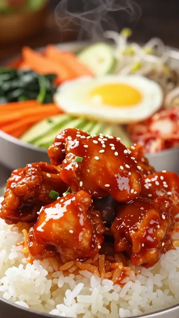 Macro shot focusing on the gochujang spicy chicken: caramelized, glistening bite-sized pieces of chicken thigh coated in a fiery red gochujang sauce, steam rising, perched over a bed of warm white rice with visible grains; blurred background shows hints of arranged bibimbap toppings (spinach, carrots, zucchini, bean sprouts, kimchi) and a sunny-side-up egg with a runny yolk; moody restaurant lighting, 3/4 angle, no additional garnishes beyond sesame seeds and scallions, no text.