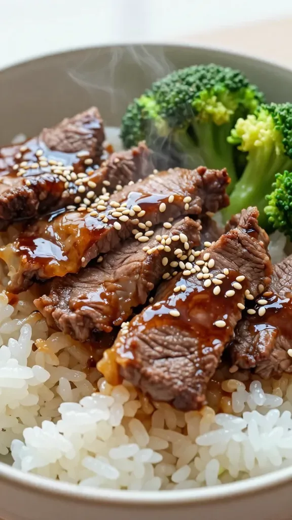 Extreme close-up of a Japanese teriyaki beef rice plate: thinly sliced seared beef glossy with thick teriyaki glaze (soy, mirin, sugar sheen), laid over a mound of fluffy white short-grain rice, a few bright-green steamed broccoli florets on the side, lightly toasted white sesame seeds sprinkled over beef and rice, subtle steam rising, neutral ceramic bowl, soft natural window light, shallow depth of field, high detail food photography, no extra ingredients, no text.