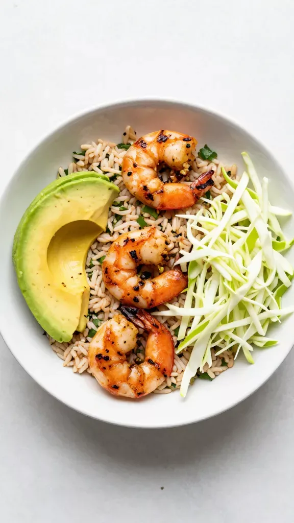 Overhead shot of a neatly composed chipotle-lime shrimp bowl: charred-edge shrimp with visible chili flecks and lime zest, served on a bed of steaming cilantro-lime rice, with creamy avocado slices on one side and finely shredded cabbage slaw on the other. Clean matte plate, soft diffuse lighting, minimal styling, no sauces or extras beyond shrimp, rice, avocado, and slaw.