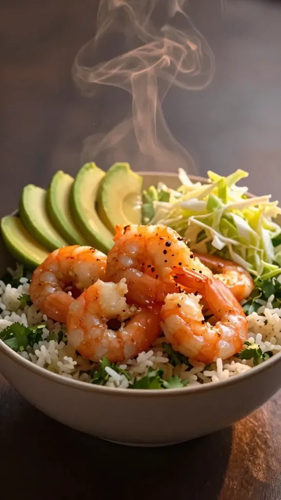 Three-quarter angle close-up of a single-serving chipotle-lime shrimp bowl: glistening shrimp piled center, steam rising from cilantro-lime rice beneath, avocado slices tucked along the rim, and a tidy mound of fresh cabbage slaw for crunch. Warm, golden-hour lighting, subtle reflections, simple dark background to make colors pop, no garnishes beyond lime/cilantro already in rice, no additional ingredients.