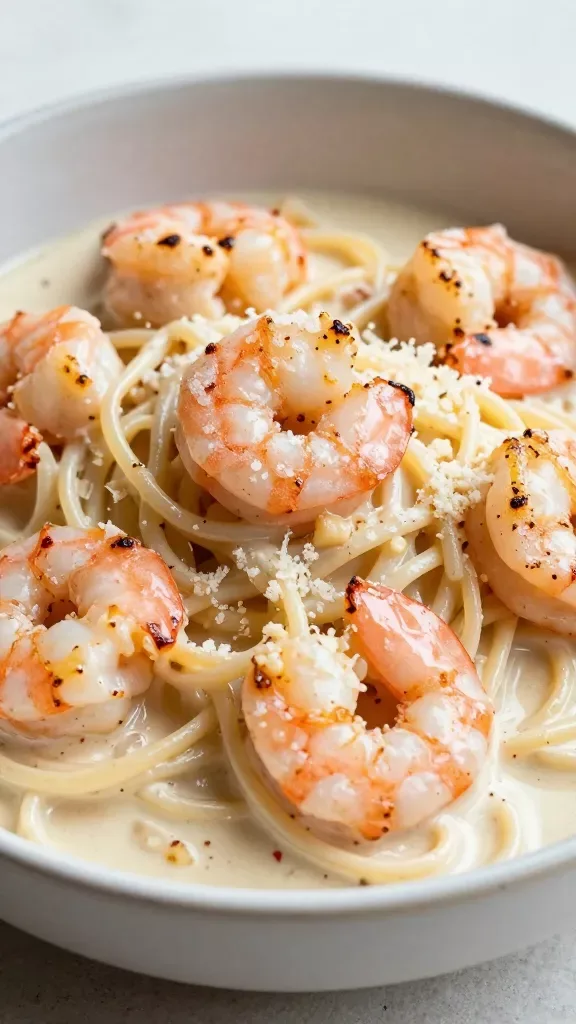 Extreme close-up of a bowl of creamy garlic shrimp linguine: al dente linguine coated in a silky pale cream sauce with visible flecks of minced garlic and tiny red chili flakes, topped with plump, pink shrimp lightly seared with a slight char on the edges, a light gloss of butter, and a gentle snowfall of finely grated Parmesan. Natural window light, shallow depth of field, no extra garnishes, neutral ceramic bowl on a simple light stone surface.