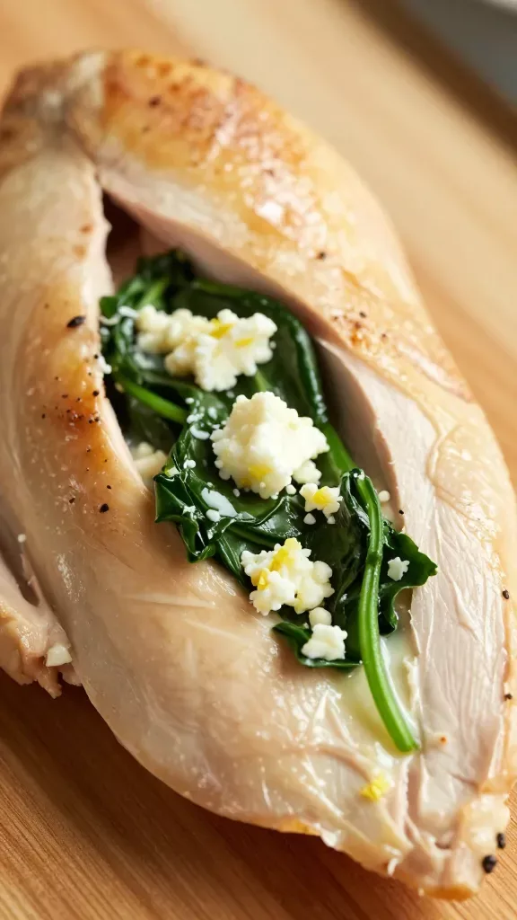 Extreme close-up of a golden-browned chicken breast sliced to reveal a neat pocket stuffed with wilted spinach and crumbled feta, hints of lemon zest and oregano visible in the creamy filling; moist, glistening chicken fibers; shallow depth of field on a warm, natural wood surface; soft daylight from the side; no extra garnishes, sauces, or side dishes.