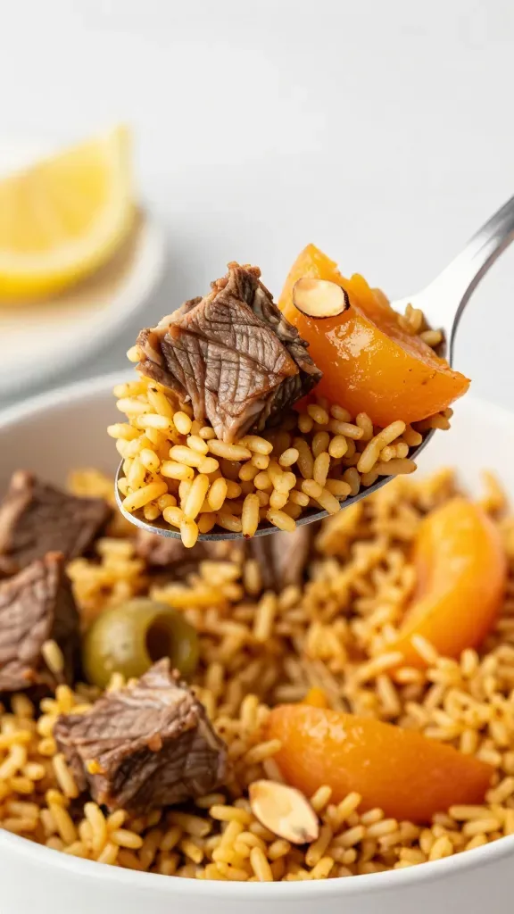 Three-quarter angle tight shot of a spoonful lifted above a bowl of Moroccan lamb and apricot rice: spoon showing perfect ratio—tender lamb cube, golden spiced rice, a piece of apricot, one sliced olive, a couple toasted almond shards; background bowl softly blurred with the same ingredients, natural daylight, warm color balance emphasizing cozy, savory-sweet tones, clean minimal setting, no lemon wedges or additional ingredients.