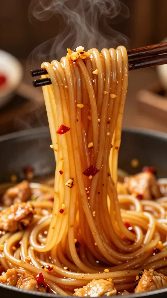 Side-angle macro of chopsticks lifting Thai chili garlic noodles with chicken: strands of sauce-lacquered rice noodles stretching upward, glistening with soy-oyster-chili-garlic glaze; a few small chicken pieces clinging to the noodles; tiny bits of fried garlic and chili seeds visible; slight steam; background softly blurred skillet with remaining noodles; color palette of warm browns and reds; no extra ingredients; cinematic lighting emphasizing sheen and texture.