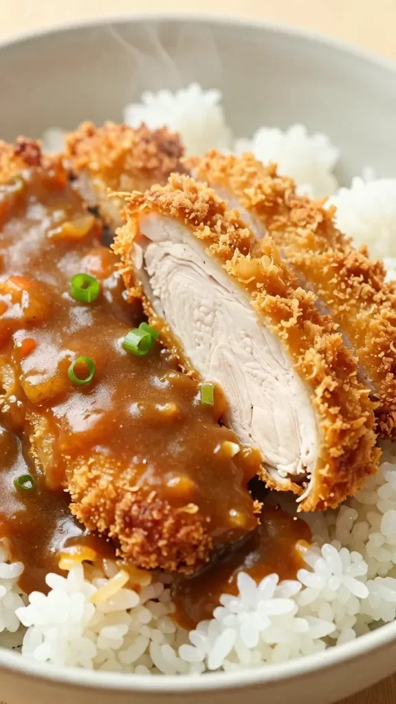 Extreme close-up of a single sliced chicken katsu cutlet on steamed white short-grain rice, ultra-crispy golden panko crust with visible flaky texture, juicy white chicken interior, half of the slices generously ladled with glossy, thick Japanese curry sauce (brown, smooth, with fine onion-carrot base blended in, no visible chunks), subtle steam rising, minimal garnish limited to a few finely sliced green onions, neutral ceramic plate, soft natural daylight, shallow depth of field, food photography, 50mm.