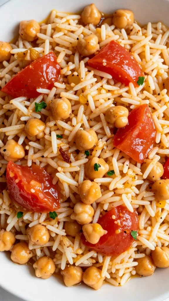 Extreme close-up overhead shot of a shallow bowl filled with Lebanese chickpea and tomato rice: fluffy long-grain white rice simmered with plump chickpeas and soft stewed tomato pieces in a lightly saucy base, visible bits of sautéed onion and garlic, a warm golden-red hue from spices like cumin and coriander, light gloss of olive oil, minimal garnish of a few parsley leaves only, no extra ingredients, shot in soft natural window light on a neutral off-white surface, high detail, no text.